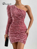 Dressmecb Mini rochie cu paiete cu sclipici pentru femei, fără spate, rochie sexy de petrecere în club de noapte, subțire, cu un umăr, mâneci lungi, rochii de toamnă
