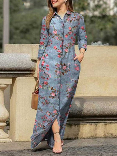 Νέα γυναικεία τζιν φόρεμα πουκάμισο με γιακά με κουμπί μακριά φούστα Φαρδιά μακρυμάνικη ίσια φούστα Casual τζιν φούστα μόδας ιδιοσυγκρασία