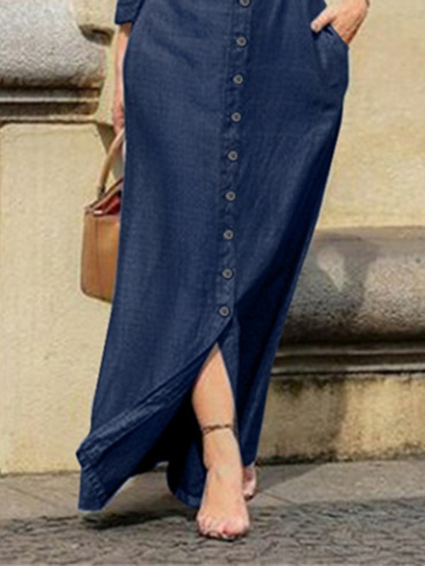 Νέα γυναικεία τζιν φόρεμα πουκάμισο με γιακά με κουμπί μακριά φούστα Φαρδιά μακρυμάνικη ίσια φούστα Casual τζιν φούστα μόδας ιδιοσυγκρασία