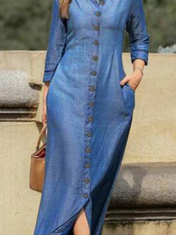 Νέα γυναικεία τζιν φόρεμα πουκάμισο με γιακά με κουμπί μακριά φούστα Φαρδιά μακρυμάνικη ίσια φούστα Casual τζιν φούστα μόδας ιδιοσυγκρασία