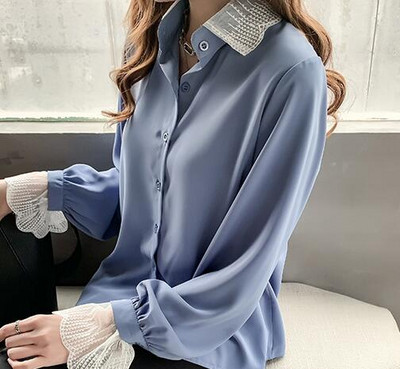 Nauji moteriški šifoniniai marškiniai Pavasario vasaros moteriški ilgomis rankovėmis sagomis Laisvos palaidinės Drabužiai Biuro moteriški laisvalaikio marškiniai H9014