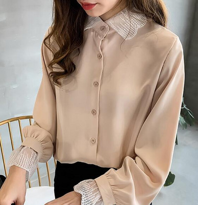 Nauji moteriški šifoniniai marškiniai Pavasario vasaros moteriški ilgomis rankovėmis sagomis Laisvos palaidinės Drabužiai Biuro moteriški laisvalaikio marškiniai H9014