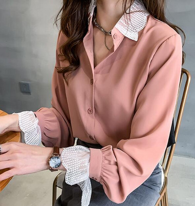 Nauji moteriški šifoniniai marškiniai Pavasario vasaros moteriški ilgomis rankovėmis sagomis Laisvos palaidinės Drabužiai Biuro moteriški laisvalaikio marškiniai H9014