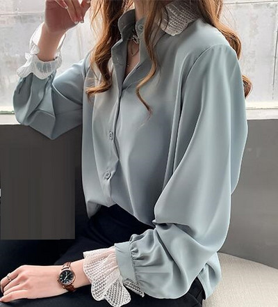 Nauji moteriški šifoniniai marškiniai Pavasario vasaros moteriški ilgomis rankovėmis sagomis Laisvos palaidinės Drabužiai Biuro moteriški laisvalaikio marškiniai H9014