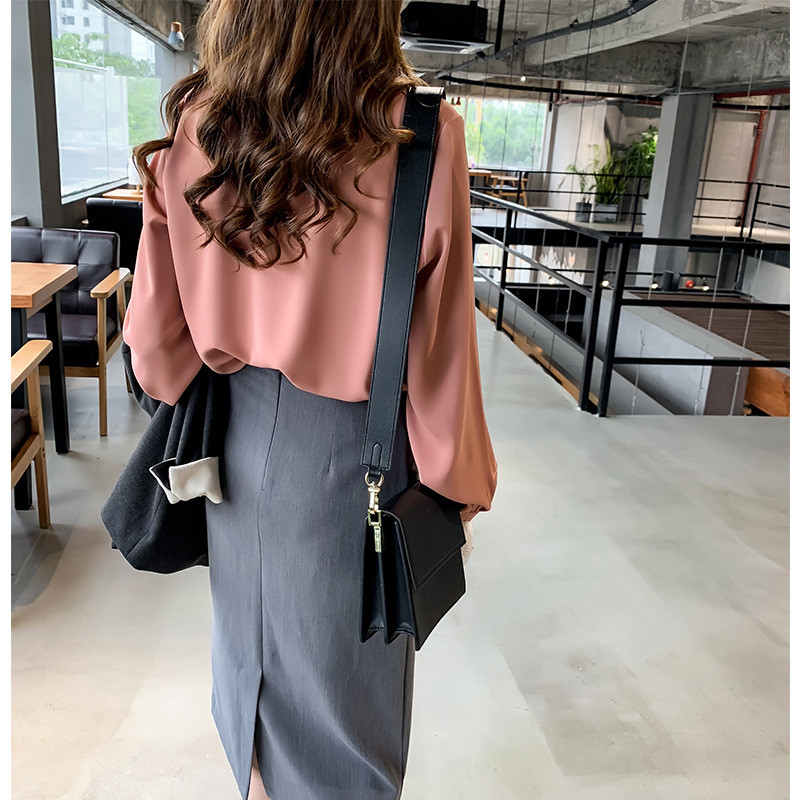 Nauji moteriški šifoniniai marškiniai Pavasario vasaros moteriški ilgomis rankovėmis sagomis Laisvos palaidinės Drabužiai Biuro moteriški laisvalaikio marškiniai H9014