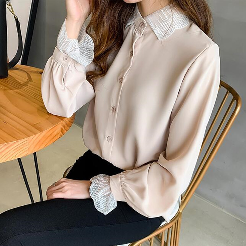 Nauji moteriški šifoniniai marškiniai Pavasario vasaros moteriški ilgomis rankovėmis sagomis Laisvos palaidinės Drabužiai Biuro moteriški laisvalaikio marškiniai H9014