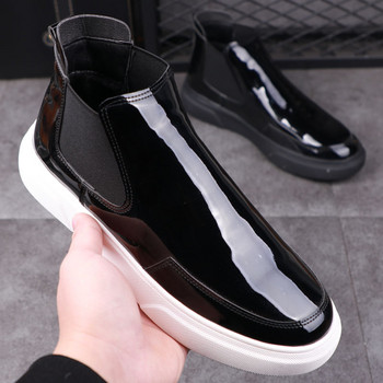 Корейски дизайнерски мъжки лачени ботуши за свободното време черни равни обувки на платформа оксфорд ботуши челси дишащи боти до глезена botas hombre