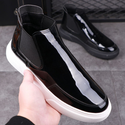 Designer coreean pentru bărbați, cizme din piele lăcuită pentru petrecere a timpului liber, pantofi negri cu platformă, cizme oxford, cizme chelsea, respirabile, glezne, pentru bărbați