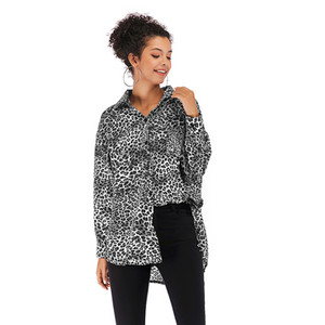 Moteriški viršūnės ir palaidinės vienaeiliai leopardo šifoniniai marškiniai, madingi apykakle su ilgomis rankovėmis marškinių palaidinė