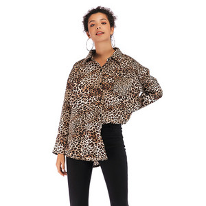 Moteriški viršūnės ir palaidinės vienaeiliai leopardo šifoniniai marškiniai, madingi apykakle su ilgomis rankovėmis marškinių palaidinė