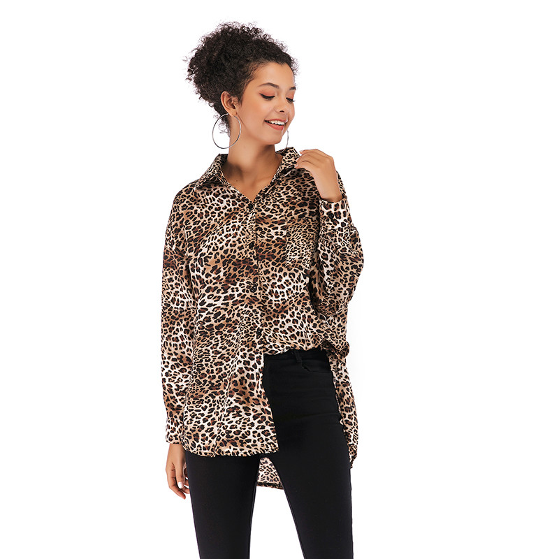 Moteriški viršūnės ir palaidinės vienaeiliai leopardo šifoniniai marškiniai, madingi apykakle su ilgomis rankovėmis marškinių palaidinė