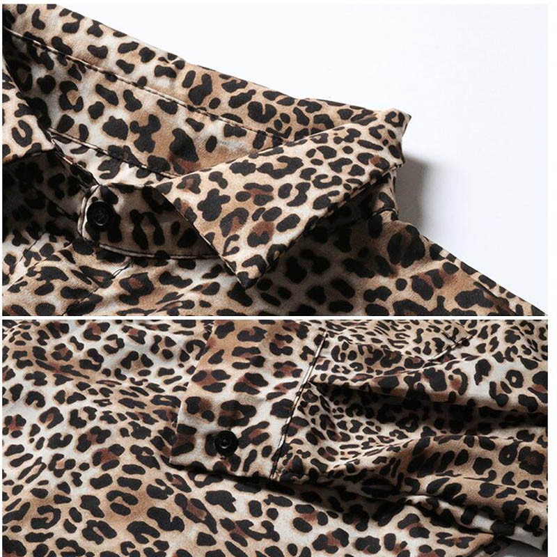 Moteriški viršūnės ir palaidinės vienaeiliai leopardo šifoniniai marškiniai, madingi apykakle su ilgomis rankovėmis marškinių palaidinė