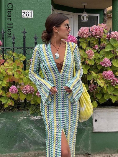 Rochie lungă cu imprimare în dungi Boho, toamnă 2023, pentru femei, cu decolteu în V, cu mâneci lungi, țesute în linie A, rochii de vacanță, vintage