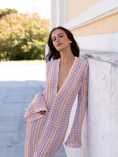 Boho prugasta duga haljina s printom Jesen 2023. Ženske pletene vestidos A kroja s V-izrezom i dugim rukavima Ženske vintage splitske blagdanske haljine