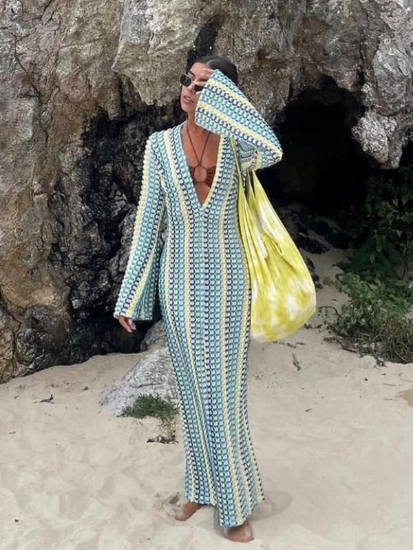 Boho prugasta duga haljina s printom Jesen 2023. Ženske pletene vestidos A kroja s V-izrezom i dugim rukavima Ženske vintage splitske blagdanske haljine