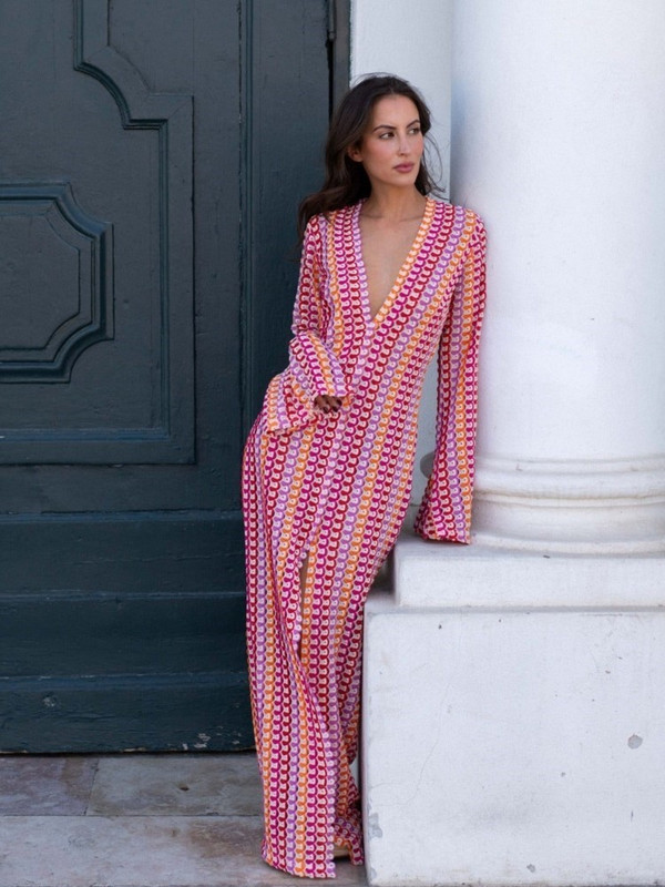 Boho prugasta duga haljina s printom Jesen 2023. Ženske pletene vestidos A kroja s V-izrezom i dugim rukavima Ženske vintage splitske blagdanske haljine