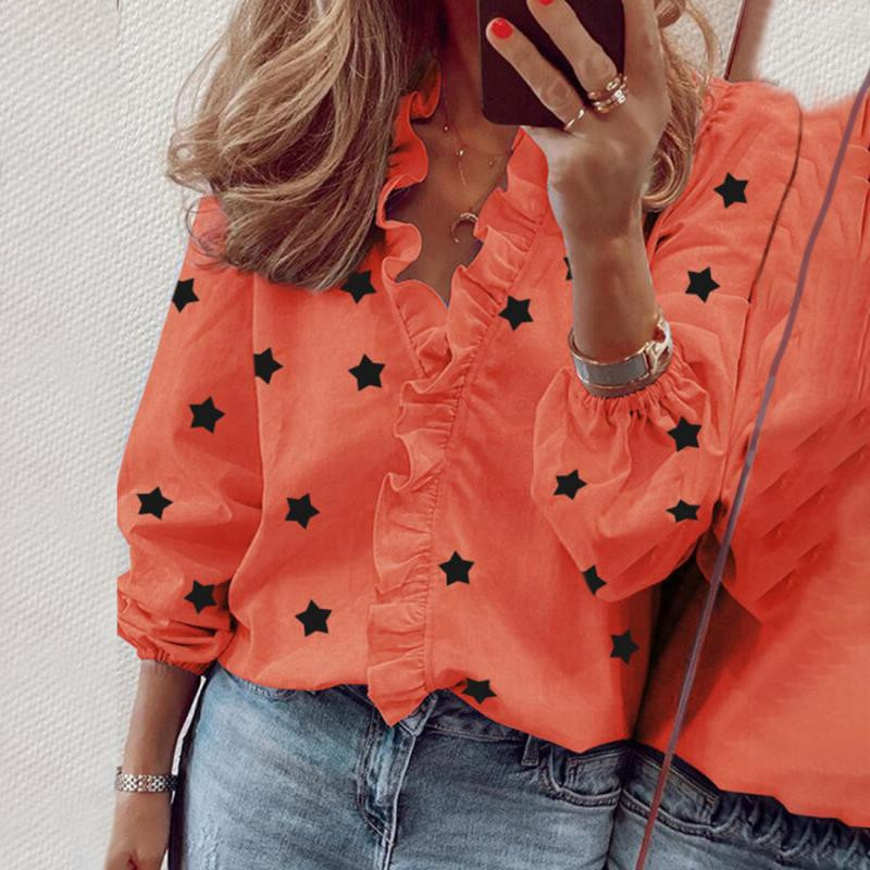 Cămăși de primăvară pentru femei Bluză de femei cu volan cu imprimeu cu stele, la modă, sexy, cu decolteu în V, cămăși subțiri, ocazional, cu mâneci lungi, pentru femei 2021