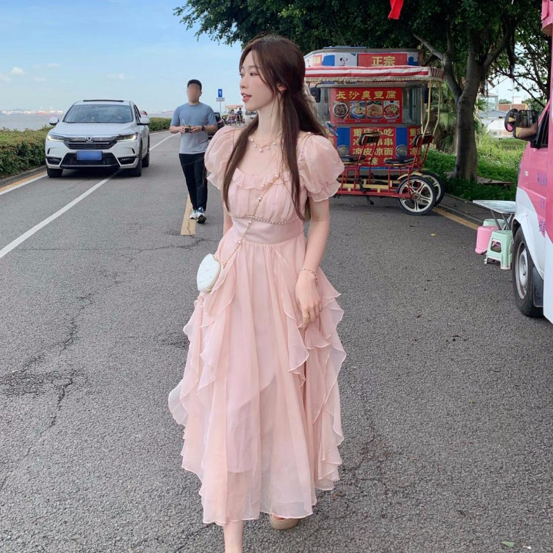 Rochii lungi șic cu zână cu volan pentru femei 2023 vara guler pătrat cu mânecă scurtă pentru femeie, elegantă, culoare uni, tunică, rochie casual