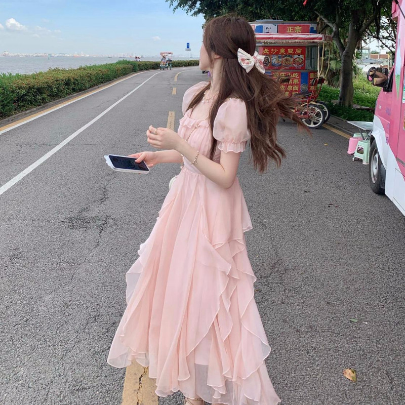 Rochii lungi șic cu zână cu volan pentru femei 2023 vara guler pătrat cu mânecă scurtă pentru femeie, elegantă, culoare uni, tunică, rochie casual