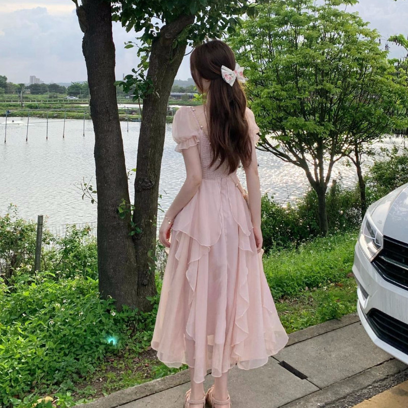 Rochii lungi șic cu zână cu volan pentru femei 2023 vara guler pătrat cu mânecă scurtă pentru femeie, elegantă, culoare uni, tunică, rochie casual