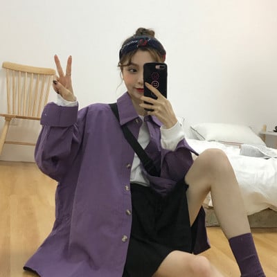 Chic Ljubičaste košulje Dugih rukava Pamučna bluza Majice velikih veličina Oversize crne dečke Opuštena široka odjeća s otvorenim ovratnikom