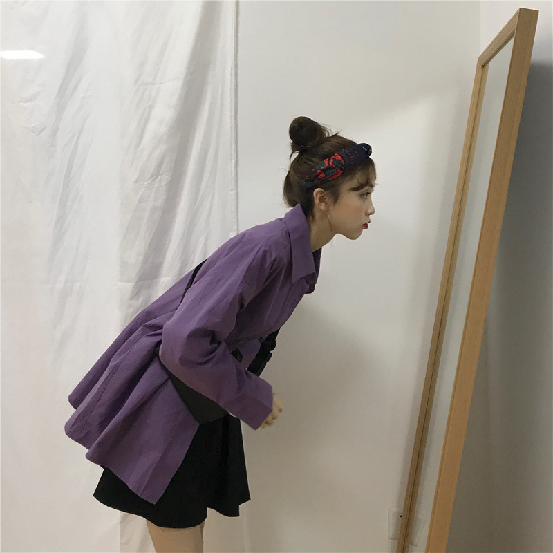 Chic Ljubičaste košulje Dugih rukava Pamučna bluza Majice velikih veličina Oversize crne dečke Opuštena široka odjeća s otvorenim ovratnikom