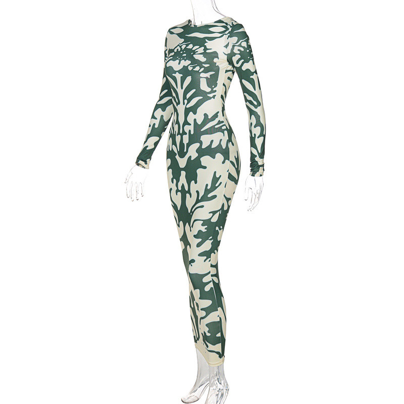 Ženska dugačka haljina s otisnutim leđima bez leđa, modna uska haljina s dugim rukavima i O-izrezom, visokog struka za proljeće i jesen