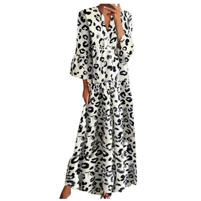 Rochii Maxi de vacanță Boho cu imprimeu leopard, ocazional, cu decolteu în V, cu mâneci întregi, rochie lungă pentru femei, vară, pe plajă, pentru petrecere, rochii feminine