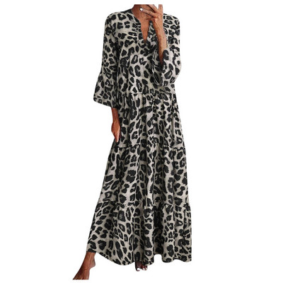 Rochii Maxi de vacanță Boho cu imprimeu leopard, ocazional, cu decolteu în V, cu mâneci întregi, rochie lungă pentru femei, vară, pe plajă, pentru petrecere, rochii feminine