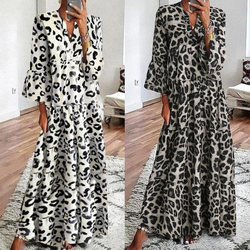 Rochii Maxi de vacanță Boho cu imprimeu leopard, ocazional, cu decolteu în V, cu mâneci întregi, rochie lungă pentru femei, vară, pe plajă, pentru petrecere, rochii feminine