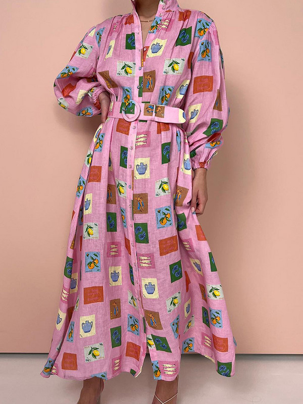 Rochie cu mânecă lungă imprimată pentru femei, elegante, cu un singur piept, curele cu guler în picioare Rochii colorate de vacanță de toamnă pentru femei, cu mânecă lungă