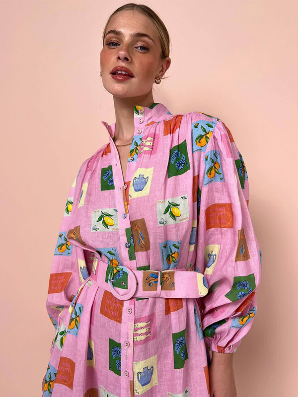 Rochie cu mânecă lungă imprimată pentru femei, elegante, cu un singur piept, curele cu guler în picioare Rochii colorate de vacanță de toamnă pentru femei, cu mânecă lungă