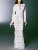 γυναικείο φόρεμα δαντέλα καλοκαίρι 2023 Εφαρμοσμένο βραδινό φόρεμα με μακρύ μανίκι V λαιμόκοψη Δαντέλα λουλουδάτο πάρτι μακρύ φόρεμα γυναικεία ρόμπα