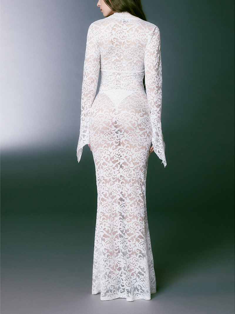 γυναικείο φόρεμα δαντέλα καλοκαίρι 2023 Εφαρμοσμένο βραδινό φόρεμα με μακρύ μανίκι V λαιμόκοψη Δαντέλα λουλουδάτο πάρτι μακρύ φόρεμα γυναικεία ρόμπα