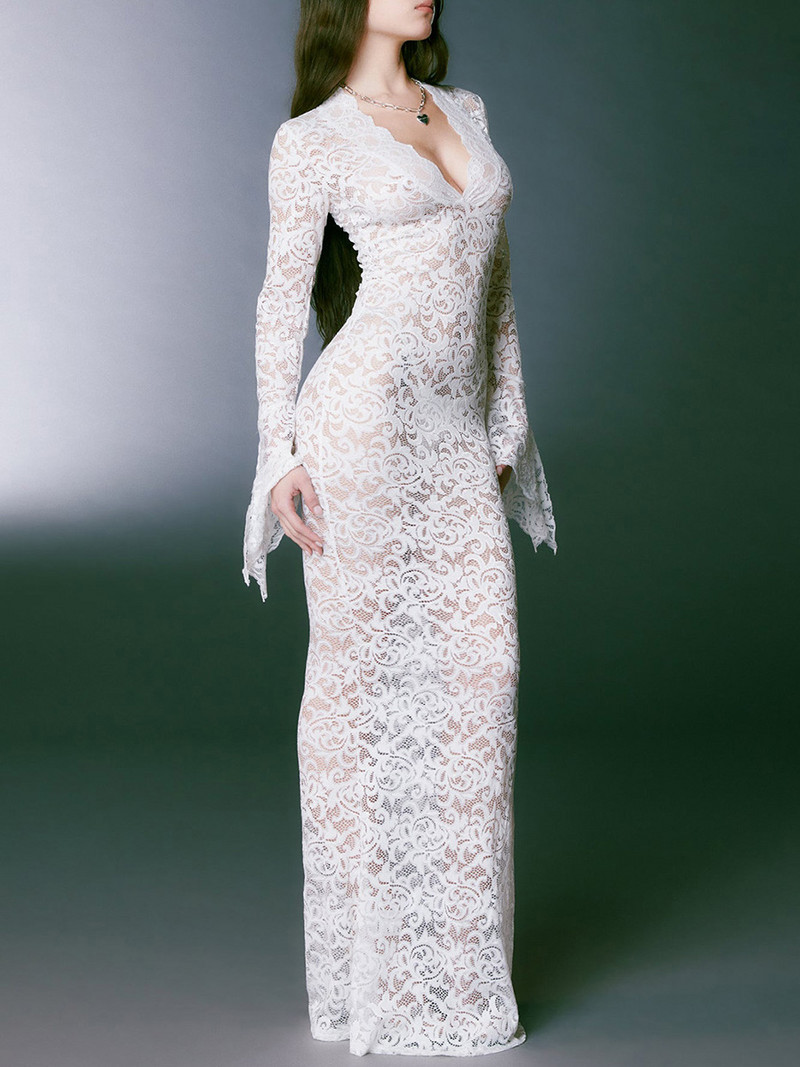 γυναικείο φόρεμα δαντέλα καλοκαίρι 2023 Εφαρμοσμένο βραδινό φόρεμα με μακρύ μανίκι V λαιμόκοψη Δαντέλα λουλουδάτο πάρτι μακρύ φόρεμα γυναικεία ρόμπα