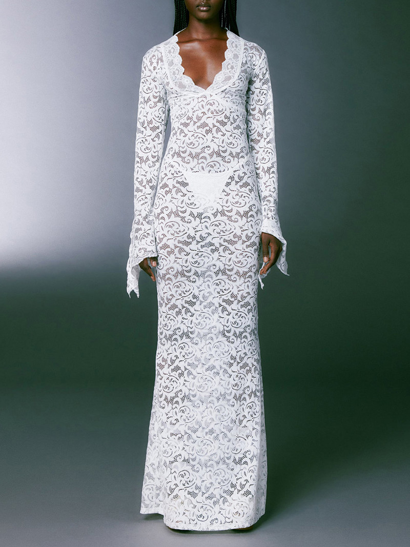 γυναικείο φόρεμα δαντέλα καλοκαίρι 2023 Εφαρμοσμένο βραδινό φόρεμα με μακρύ μανίκι V λαιμόκοψη Δαντέλα λουλουδάτο πάρτι μακρύ φόρεμα γυναικεία ρόμπα