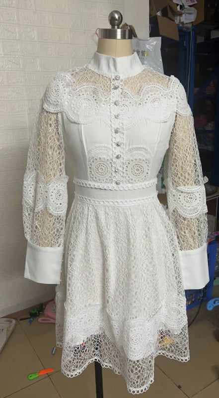 Proljeće/ljeto 2023. Ženska haljina Nova seksi bijela čipkana čipkasta elegantna haljina A-kroja Vestidos u stilu dugih rukava