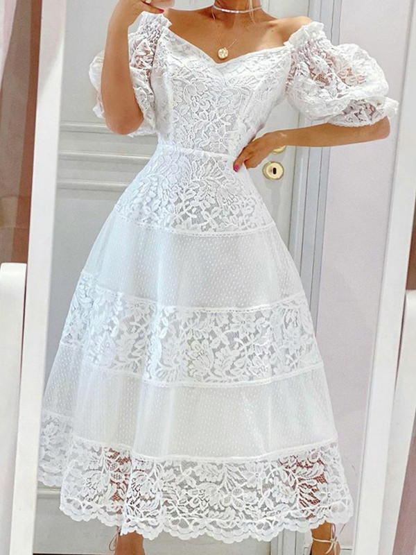 Rochie albă cu imprimeu floral pentru femei, vară, elegantă, cu mâneci bufante, rochie cu gât tăiat, cusături din dantelă, subțire, petrecere, bal, nuntă, rochii lungi