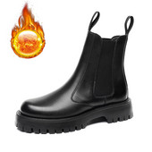 Cizme Chelsea în stil britanic Pantofi de toamnă și iarnă pentru bărbați, talpă groasă, anti-alunecare, din pentru bărbați, glezne, calde, pluș, negru DX035
