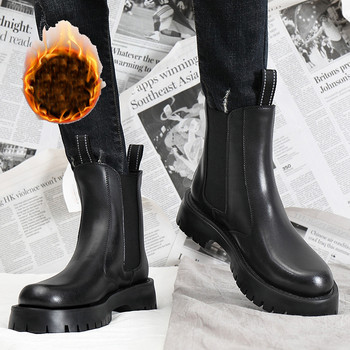 Ботуши Chelsea в британски стил Мъжки есенно-зимни обувки Дебела подметка Нехлъзгаща се кожа Мъжки глезени Botas Топли плюшени черни DX035