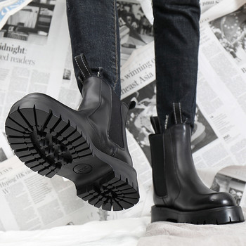 Ботуши Chelsea в британски стил Мъжки есенно-зимни обувки Дебела подметка Нехлъзгаща се кожа Мъжки глезени Botas Топли плюшени черни DX035