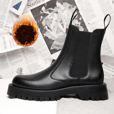 Cizme Chelsea în stil britanic Pantofi de toamnă și iarnă pentru bărbați, talpă groasă, anti-alunecare, din pentru bărbați, glezne, calde, pluș, negru DX035