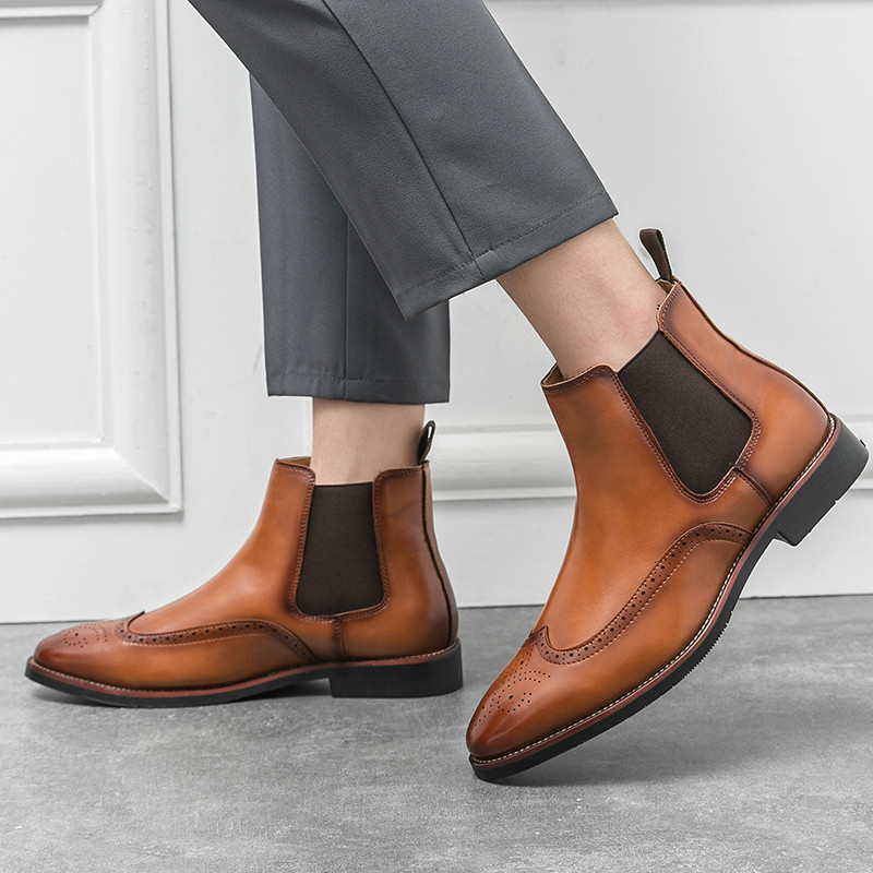 HKDQ Cizme chelsea pentru bărbați, maro, retro, pentru bărbați, în stil Anglia, cizme din piele cu vârf ascuțit, pentru bărbați, cizme hollow brogues, pentru bărbați