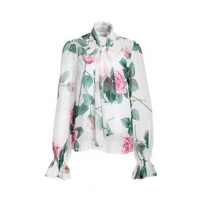 CHICLADY elegantna labava bluza s leptir-kravatom i kragnom dugih rukava s otiskom cvijeta ruže ženska ženska ležerna visokokvalitetna ropa košulja od šifona