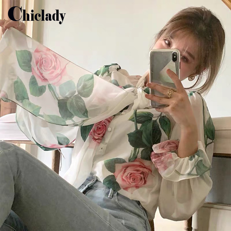 CHICLADY elegantna labava bluza s leptir-kravatom i kragnom dugih rukava s otiskom cvijeta ruže ženska ženska ležerna visokokvalitetna ropa košulja od šifona