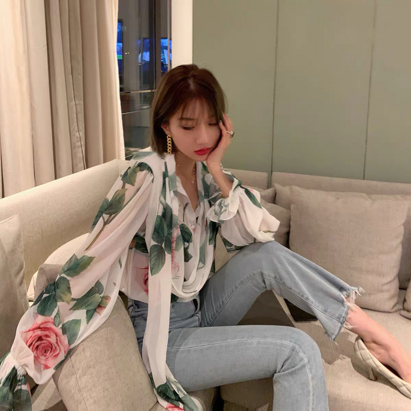 CHICLADY elegantna labava bluza s leptir-kravatom i kragnom dugih rukava s otiskom cvijeta ruže ženska ženska ležerna visokokvalitetna ropa košulja od šifona