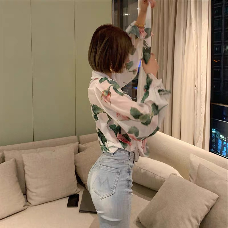 CHICLADY elegantna labava bluza s leptir-kravatom i kragnom dugih rukava s otiskom cvijeta ruže ženska ženska ležerna visokokvalitetna ropa košulja od šifona