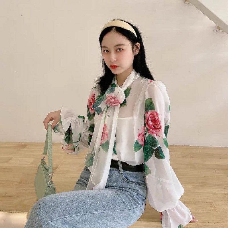 CHICLADY elegantna labava bluza s leptir-kravatom i kragnom dugih rukava s otiskom cvijeta ruže ženska ženska ležerna visokokvalitetna ropa košulja od šifona