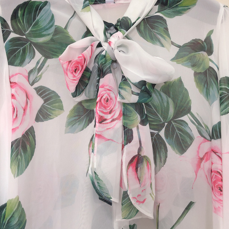 CHICLADY elegantna labava bluza s leptir-kravatom i kragnom dugih rukava s otiskom cvijeta ruže ženska ženska ležerna visokokvalitetna ropa košulja od šifona