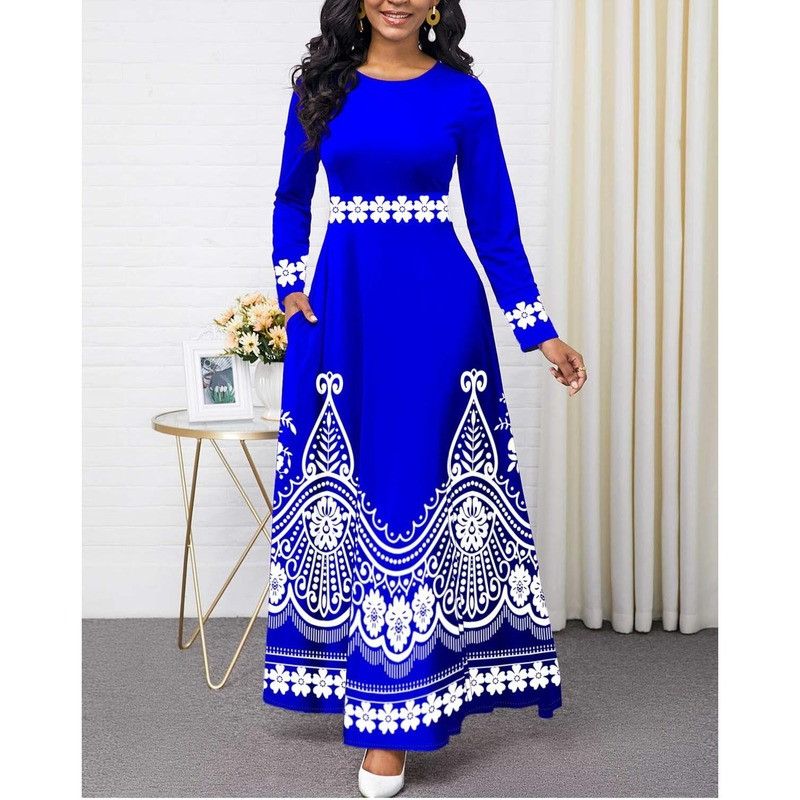 Rochie de epocă cu imprimeu floral în linie A, elegante, cu mâneci lungi, subțire, cu talie înaltă, pentru petrecere de seară, rochii maxi casual de dimensiuni mari